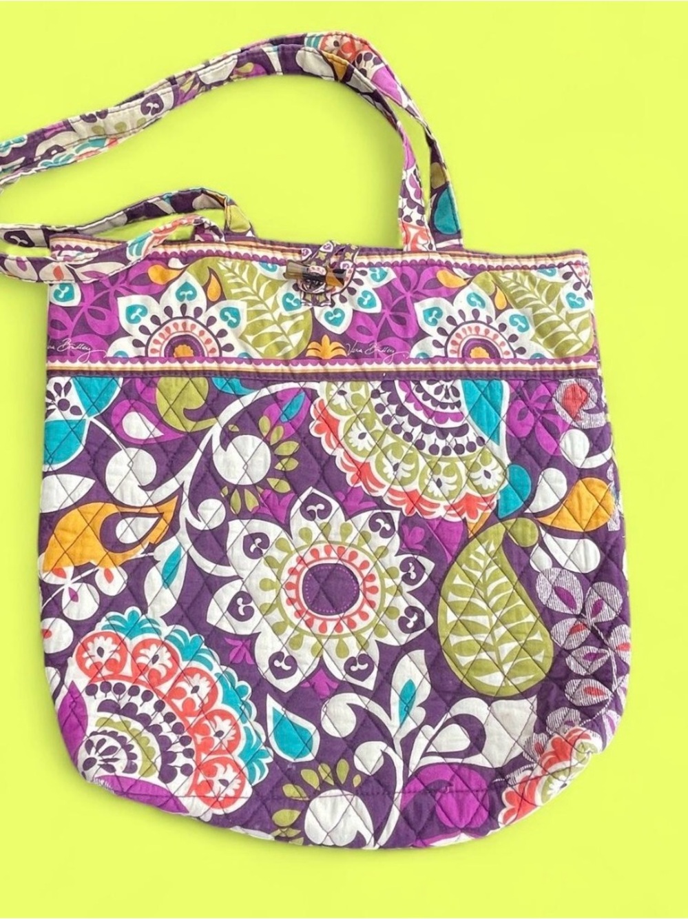 Vera Bradley Plum Crazy Purple Floral Quilted Tote with Multicolor Paisley Print